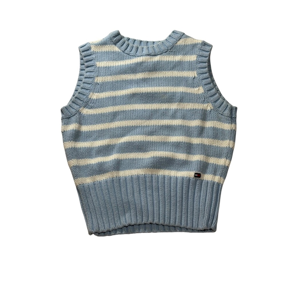 Vintage Tommy Jeans Knit Sweater Vest Baby Blue White Stripe Y2K 90sCotton Small